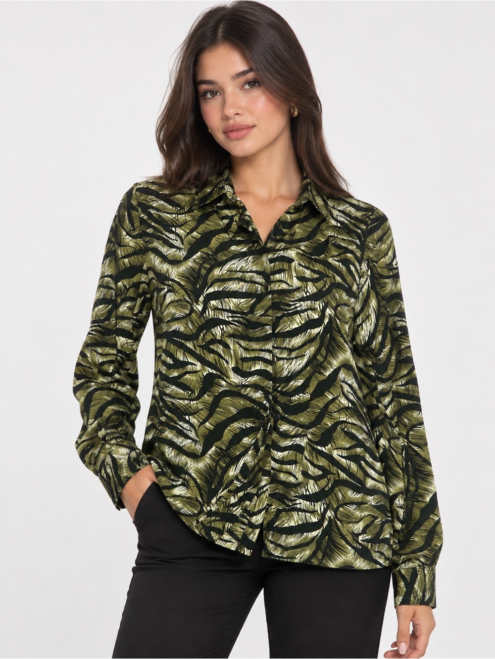 Women's Olive Green Abstract Print Button-Down Shirt